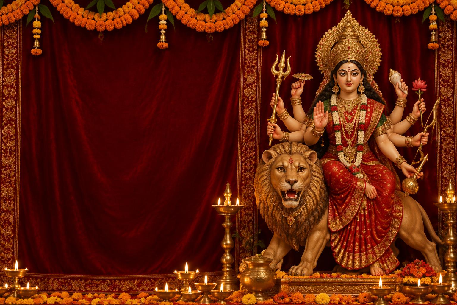 Maa Durga with her lion, surrounded by marigold garlands and glowing diyas for Navratri