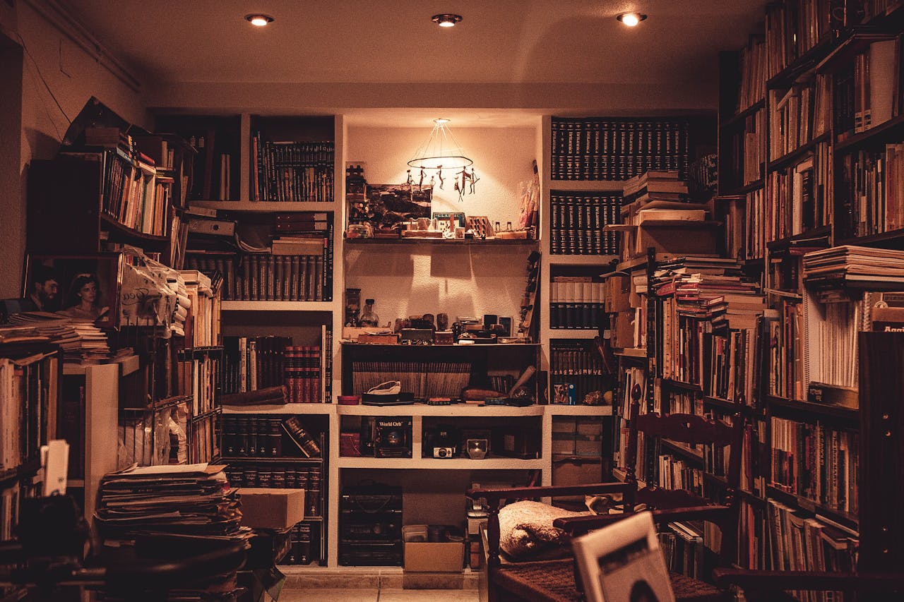 A warmly lit home library filled with a diverse collection of books and a cozy atmosphere.